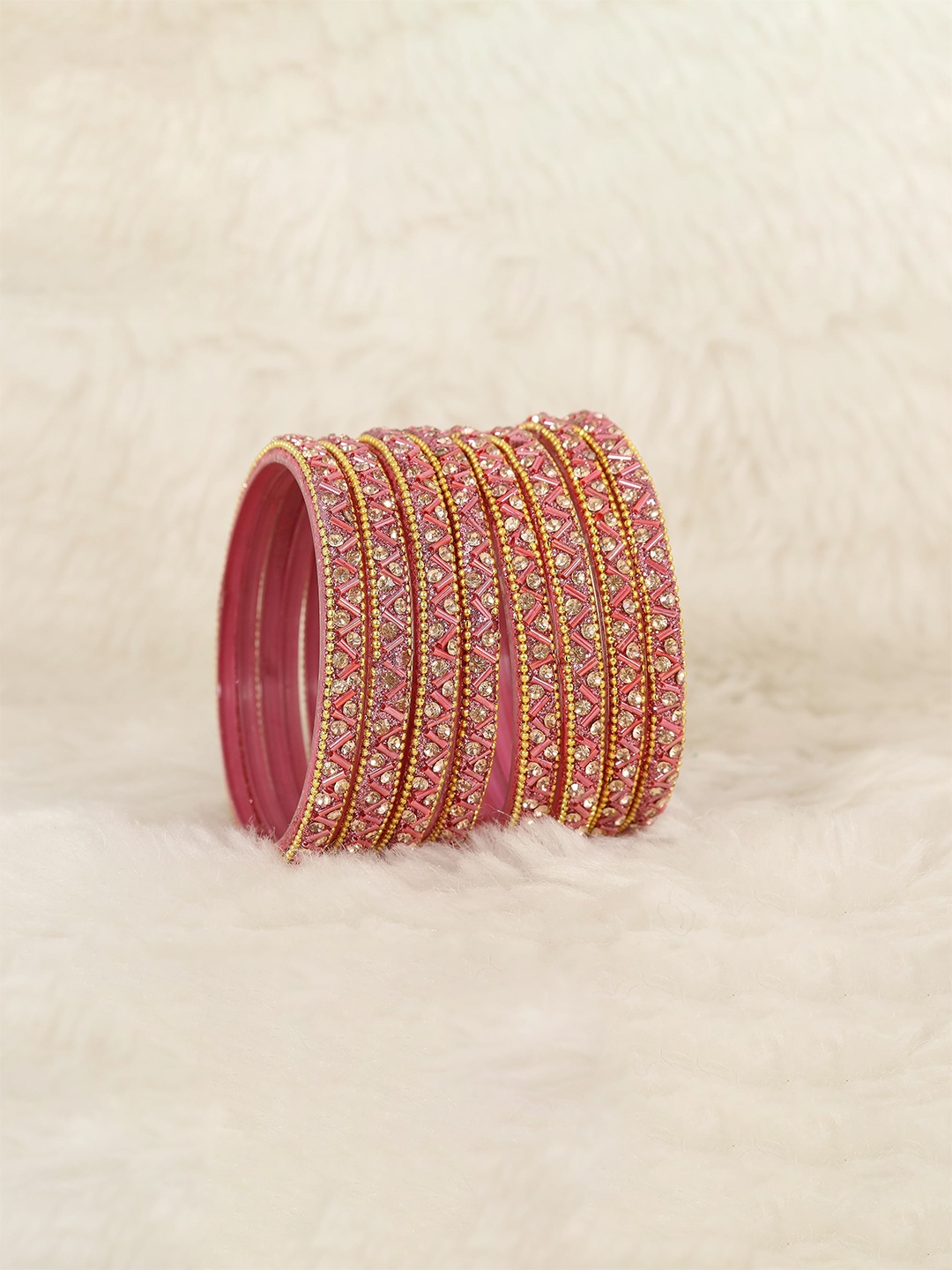 

ZULKA Set of 8 Glass Bangles Studded Zircon Gemstone and Beads, Gold