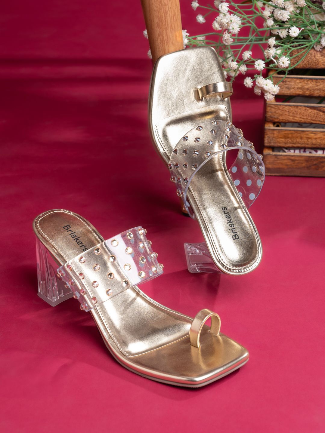 

BRISKERS Women Embellished Block Heels Mules, Gold