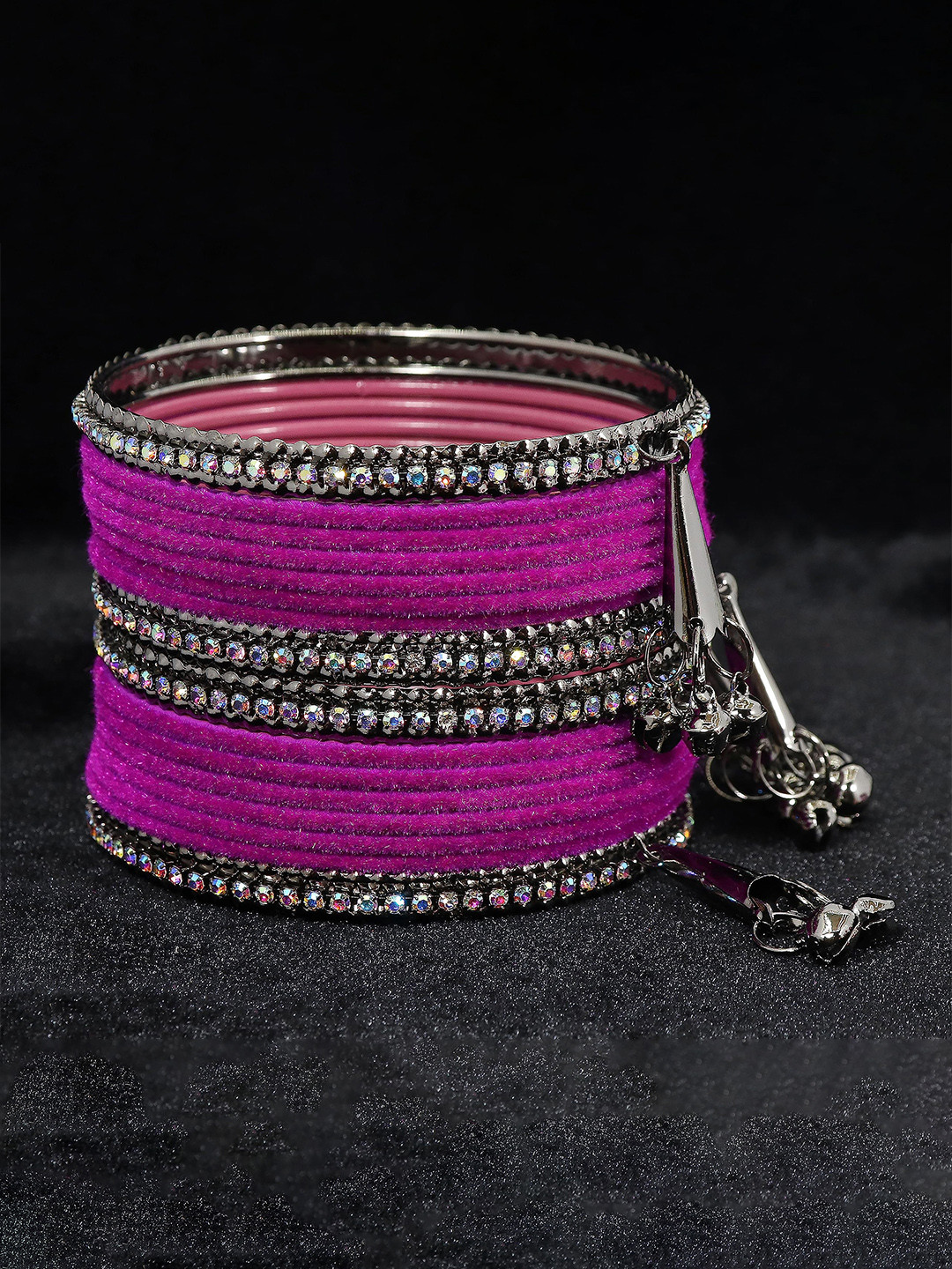 

ZULKA Set of 16 Metal with Zircon Gemstone and Velvet Adorned Bells Latkan Bangles, Red