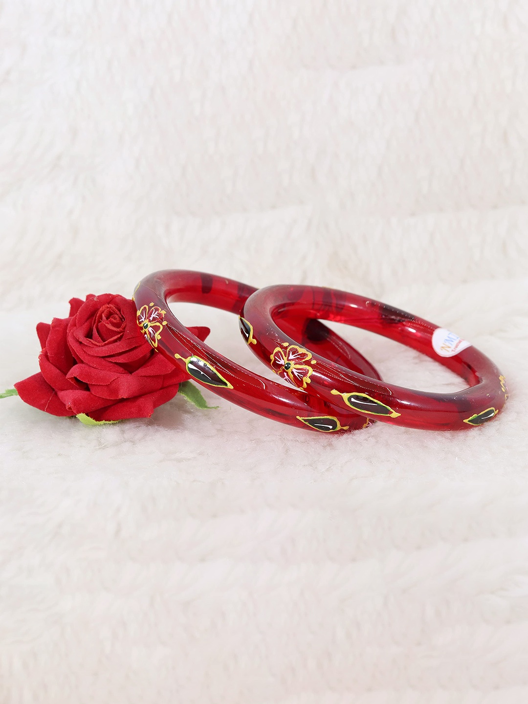 

ZULKA Set of 2 Glass Floral Printed Bangles, Red