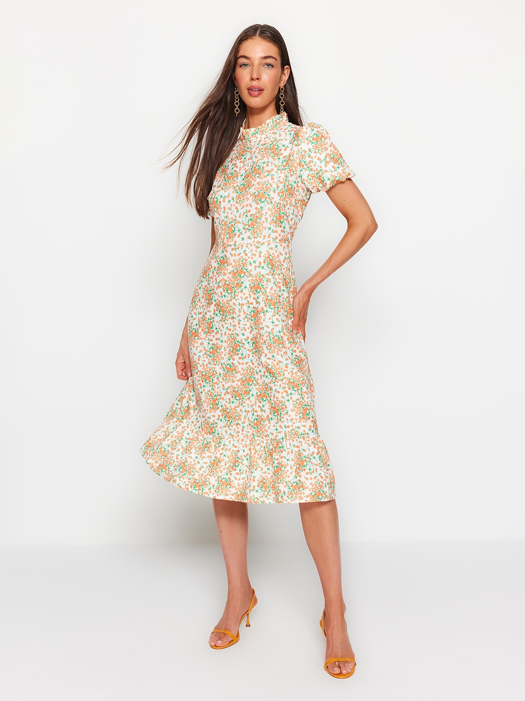 

Trendyol Floral Print Fit & Flare Midi Dress, Orange