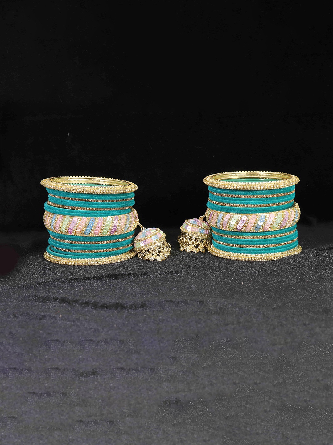 

ZULKA Set of 38 Metal With Zircon Studded Latkan Bangles, Blue