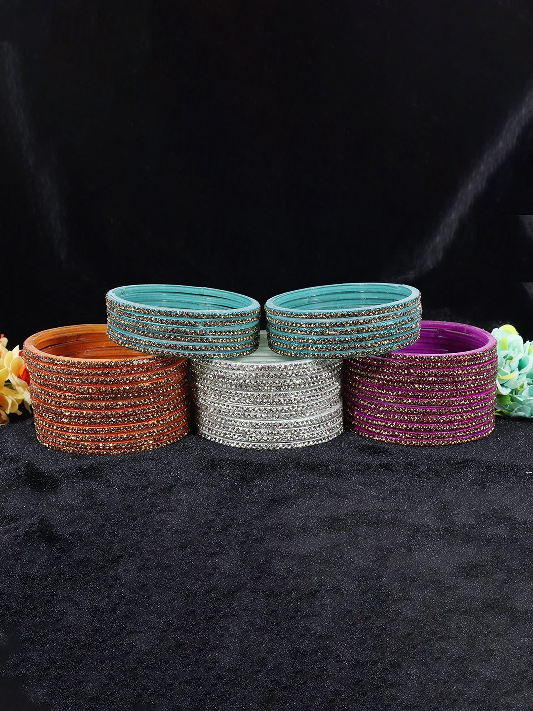 

ZULKA Set of 10 Glass with Diamond Cutting Pattern Bangles/Kada, Multi