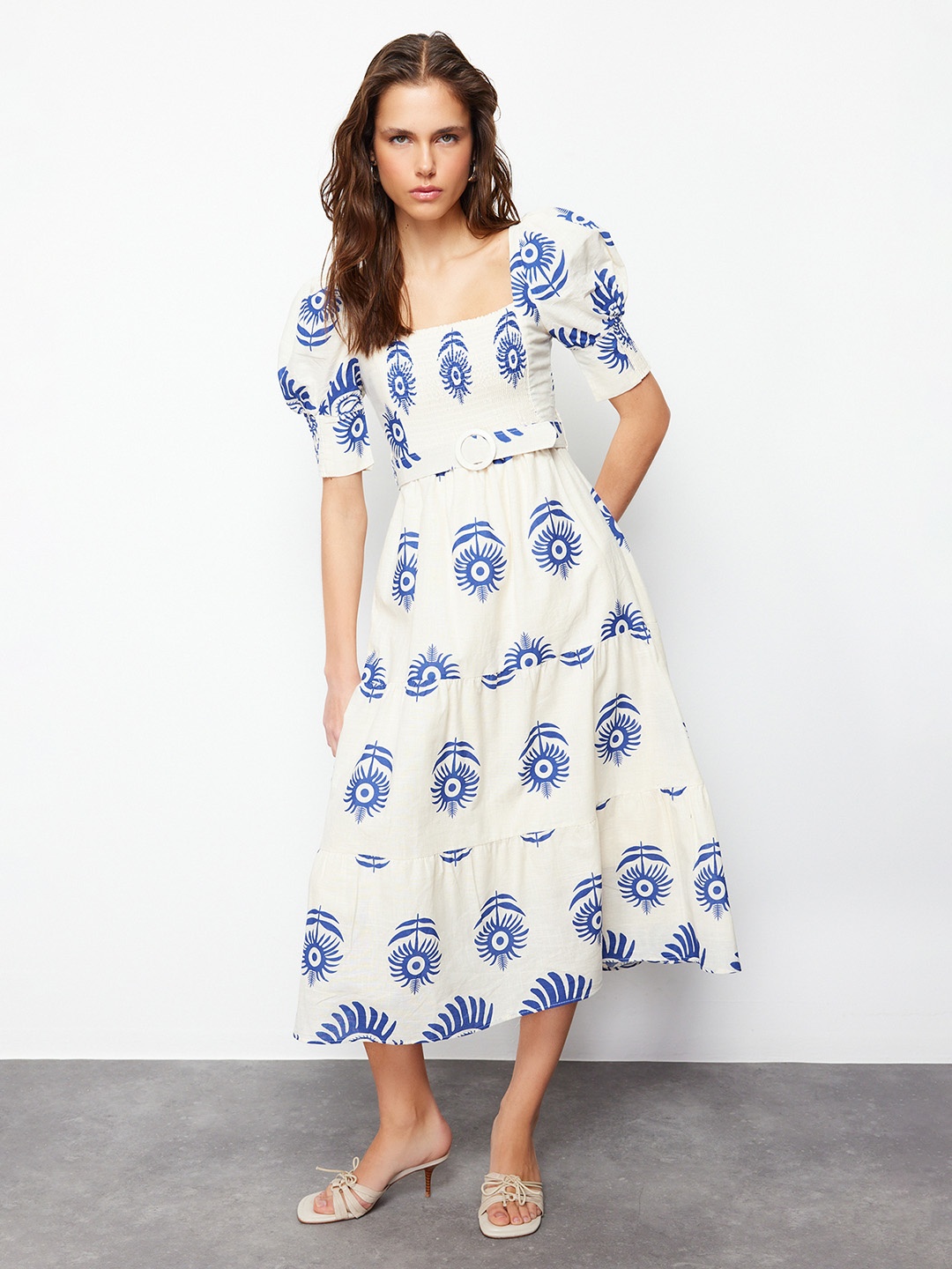 

Trendyol Ethnic Motifs Print Puff Sleeve Fit & Flare Midi Dress, Blue