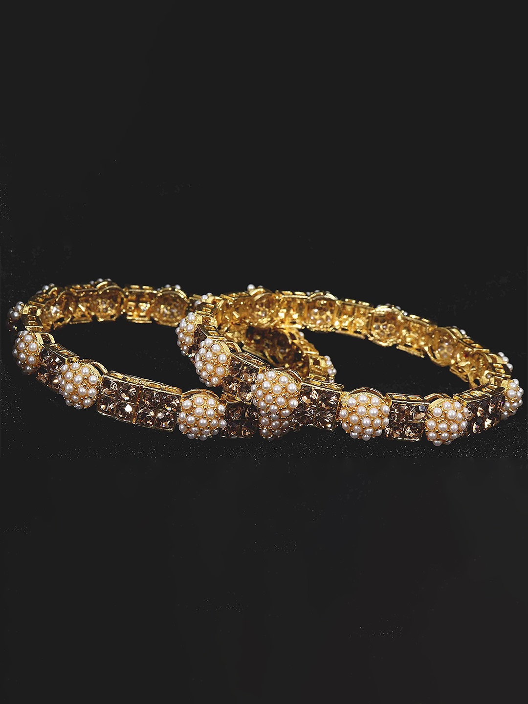 

ZULKA Set OF 2 Metal With Zicon Gemstone and Moon pearl Studded Kada, Gold
