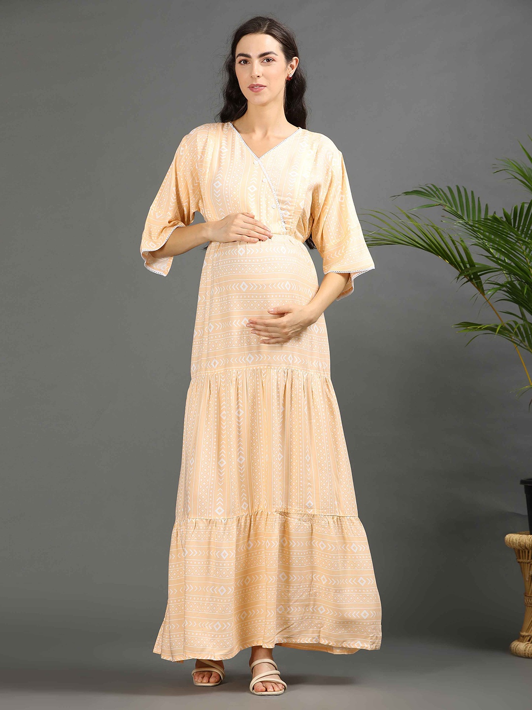 

GOLDSTROMS Women Printed Maternity Long Ethnic Dress, Peach