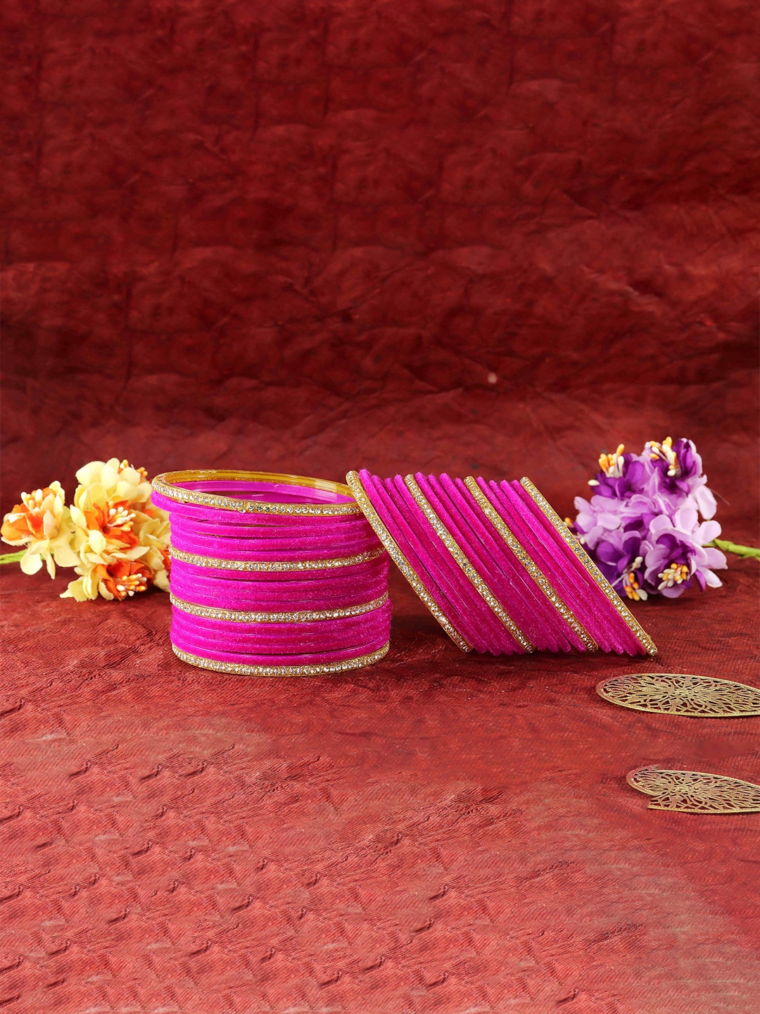 

ZULKA Set of 32 Glass with Velvet & Golden Zircon Diamond Stone Bangles, Magenta