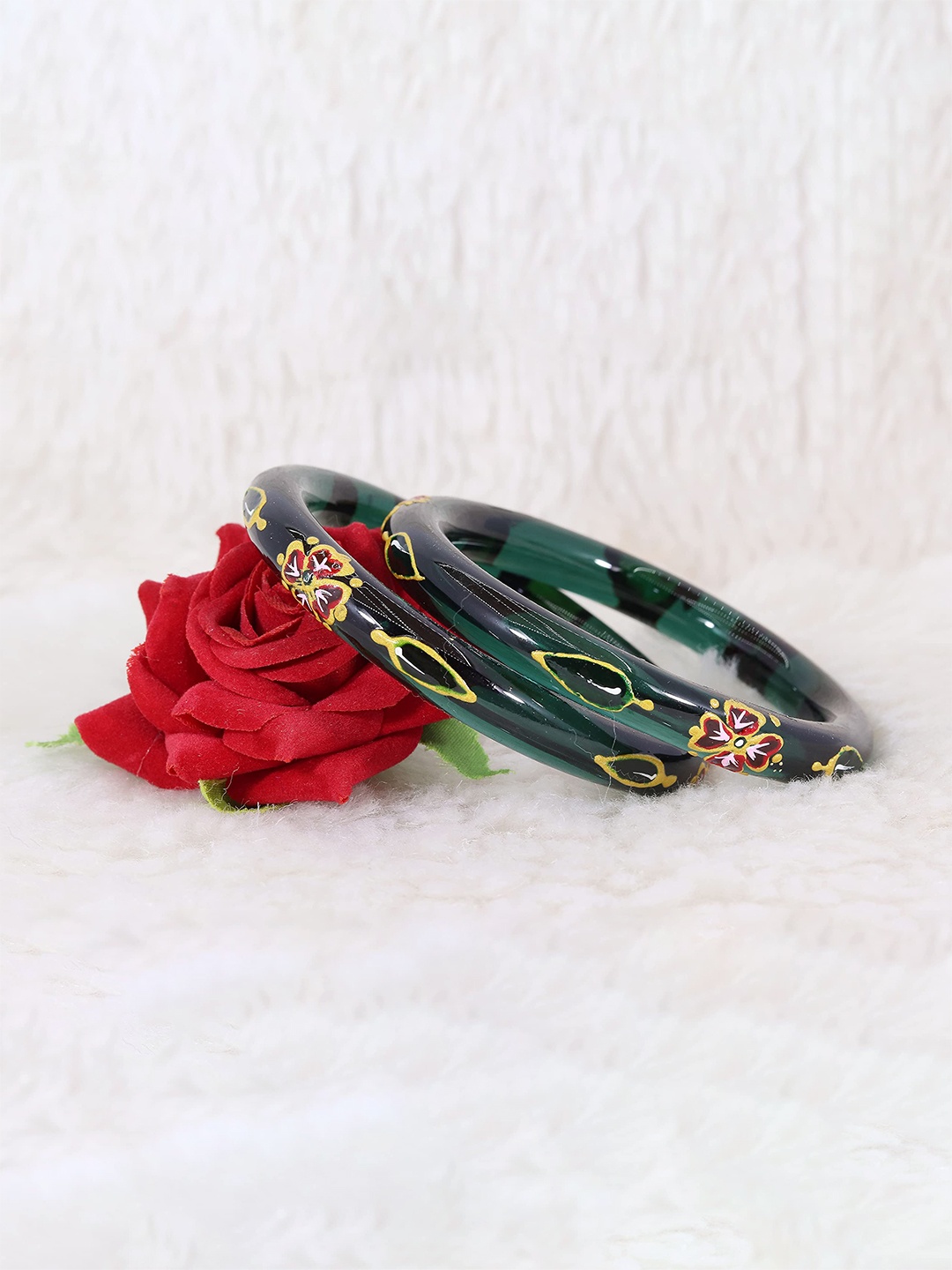 

ZULKA Set of 2 Polka Dots Sleek Design Glass Bangles, Green
