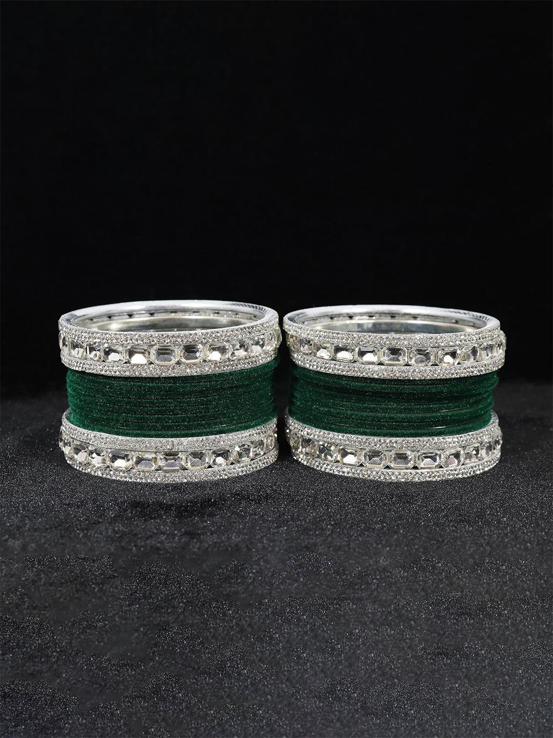 

ZULKA Set OF 28 Metal Bangles Studded with Zircon Gemstone and Velvet Bangles, Silver