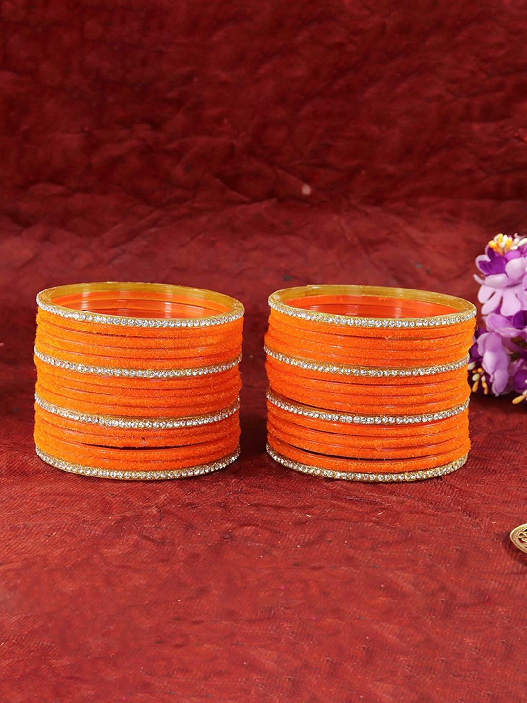

ZULKA Set of 32 Orange & White Stone-Studded Glass & Velvet Bangles