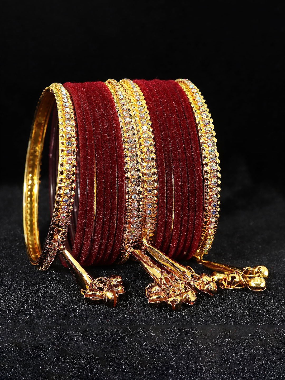 

ZULKA Set of 12 Metal with Zircon Gemstone Studded Latkan Bangles, Maroon