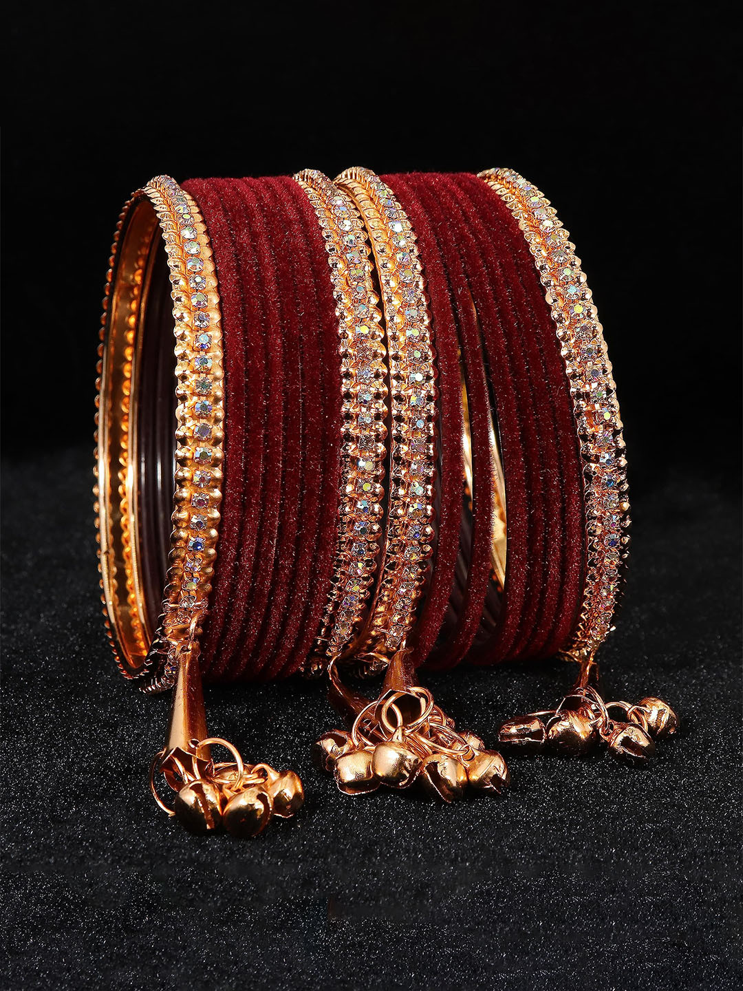 

ZULKA Pack Of 16 Gold Plated Zircon Gemstone and Velvet Studded Latkan Bangles, Maroon