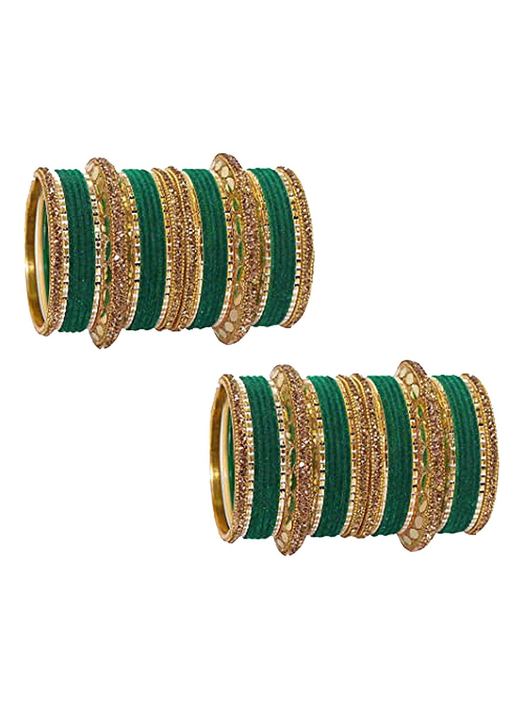 

ZULKA Set of 60 Metal with Zircon Gemstone and Velvet Studded Bangles, Green