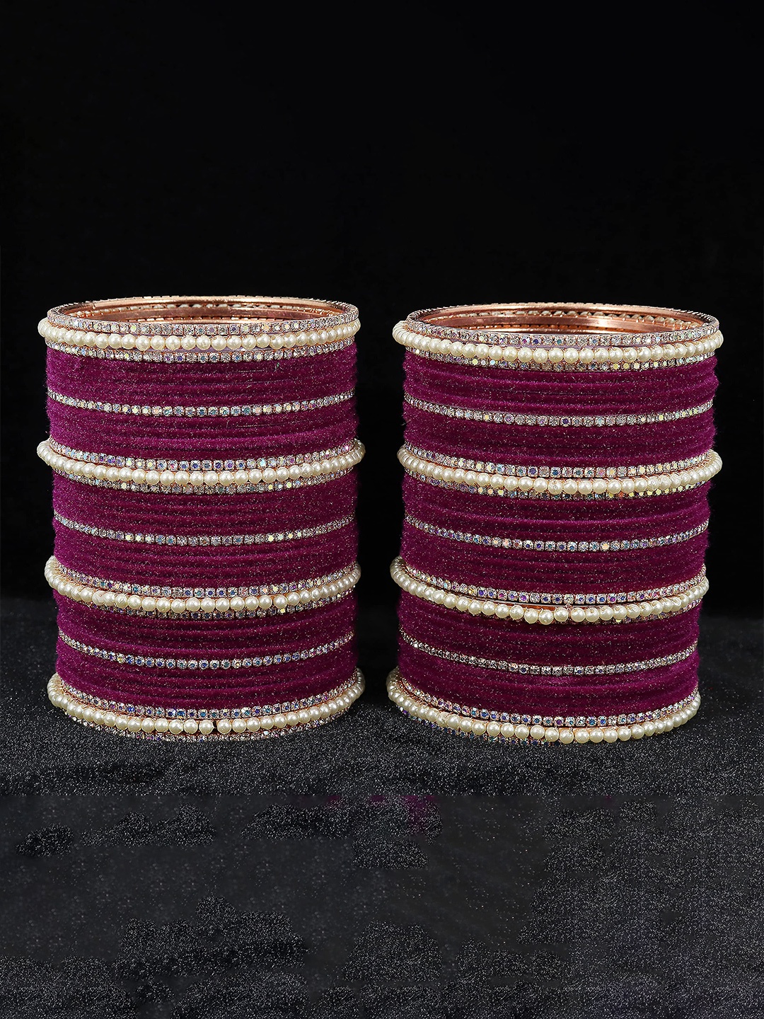 

ZULKA Set of 32 Alloy Metal with Zircon Gemstone Pearls and Velvet Latkan Bangles, Burgundy