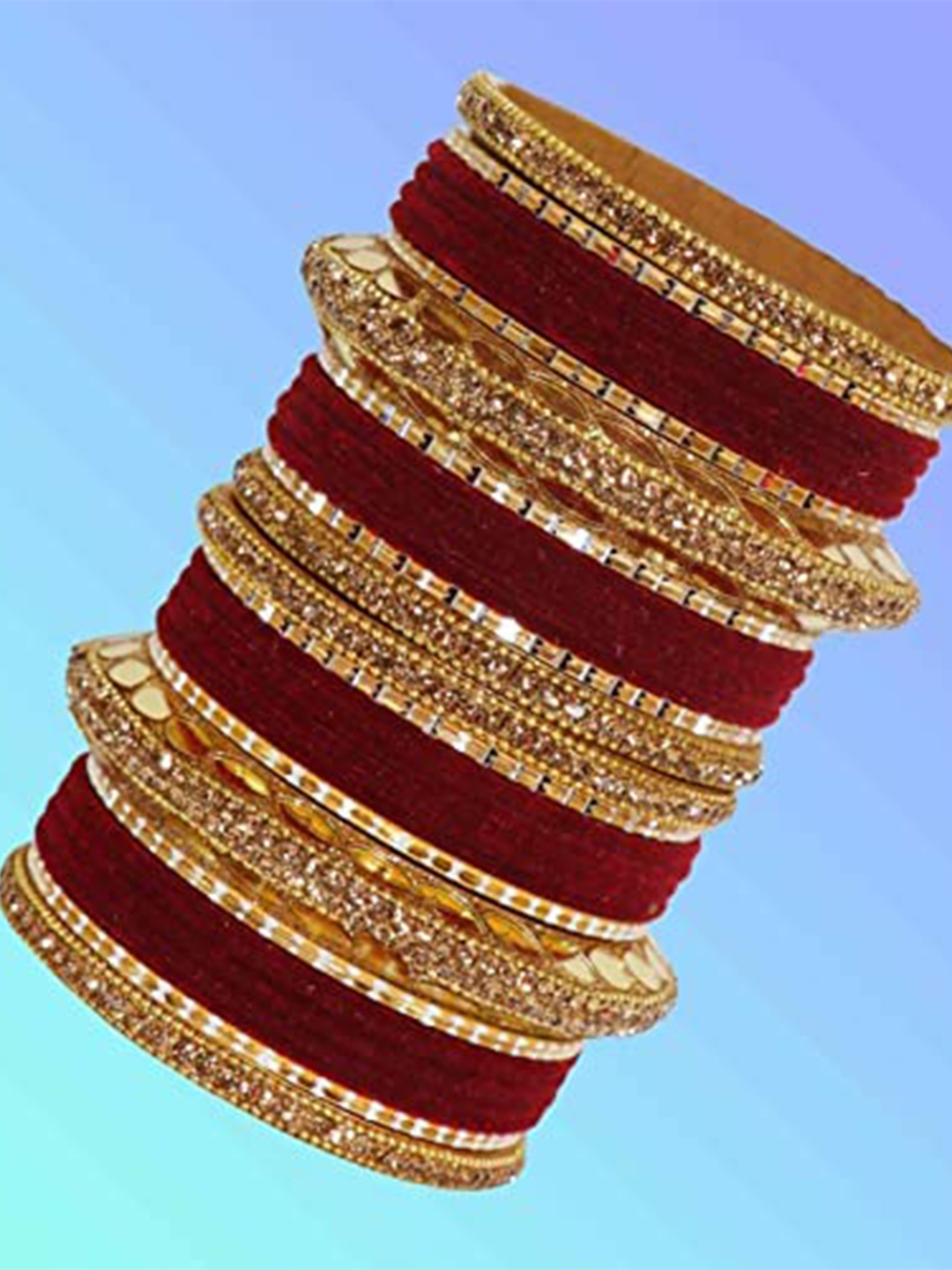 

ZULKA Set of 60 Gold Plated Metal Bangles Chuda with Zircon Stone & Beads, Maroon