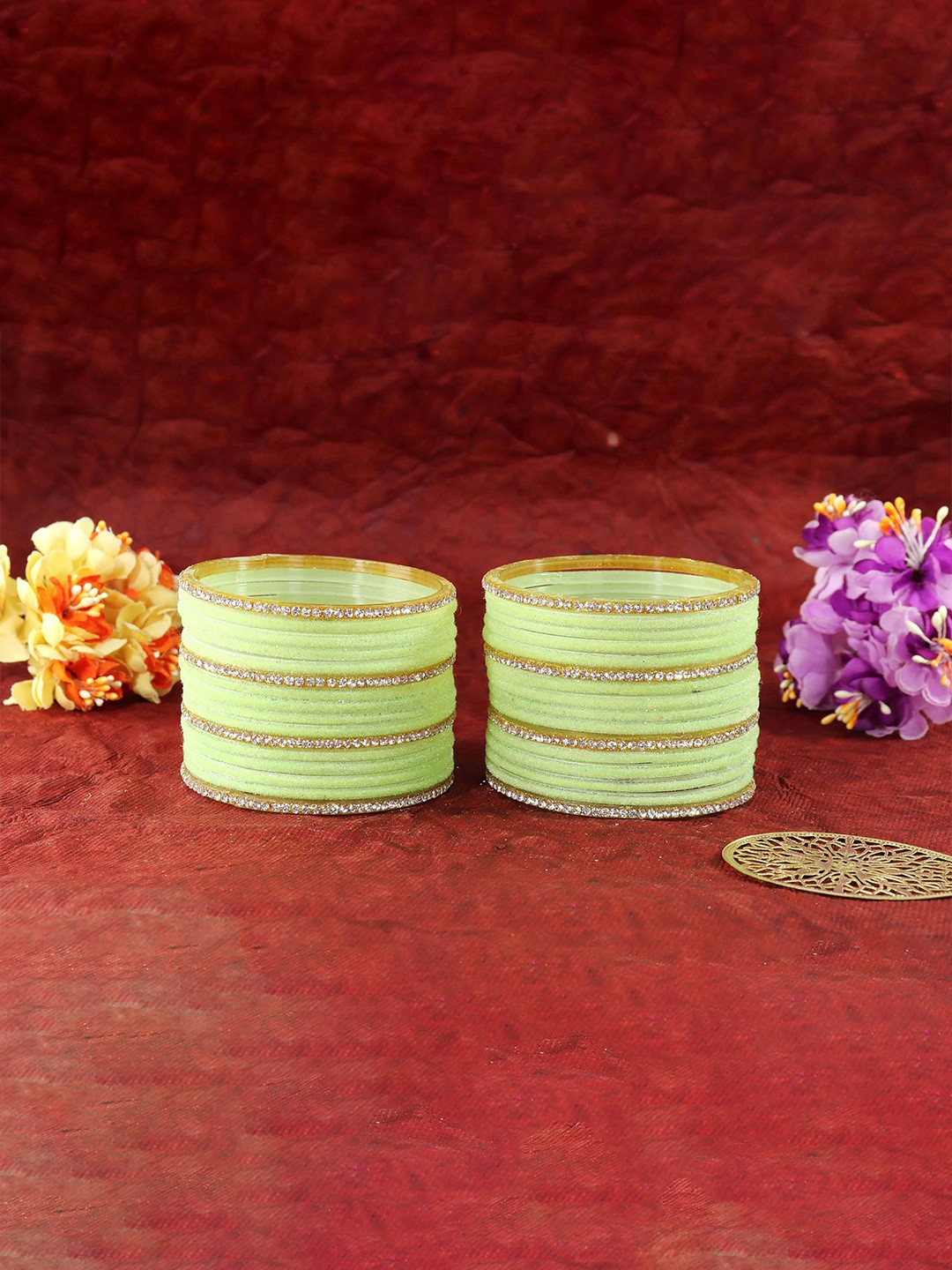 

ZULKA Set of 32 Glass with Velvet & Golden Zircon Diamond Stone Bangles, Yellow
