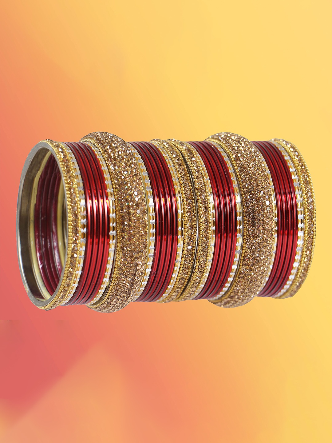 

ZULKA Set of 30 Metal with Zircon Gemstone Studded Bangles, Red