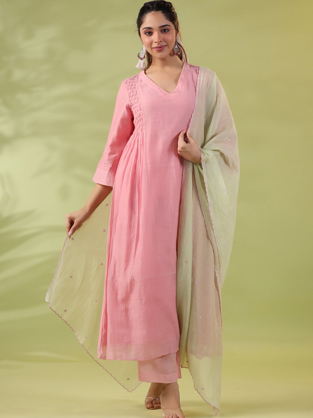 

AMOREE Mandarin Collar Pure Silk A-Line Kurta With Trousers & Dupatta, Pink