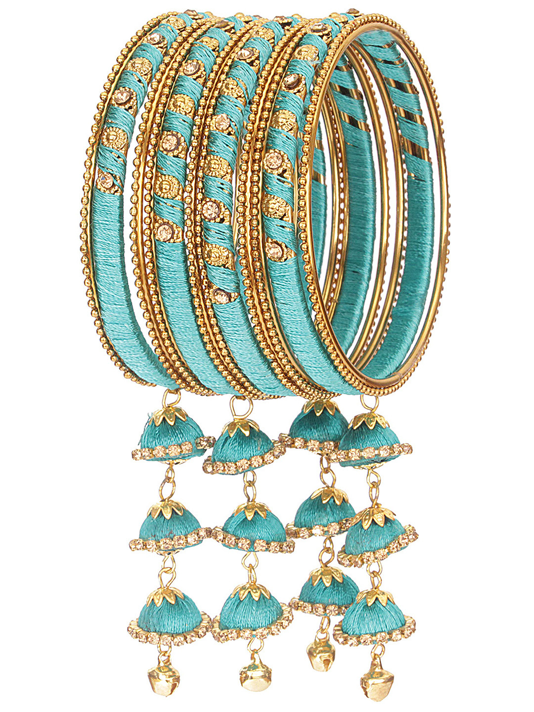 

ZULKA Set Of 20 Non-Precious Metal Silk Thread and Zircon Gemstone Worked Bangle ;, Green