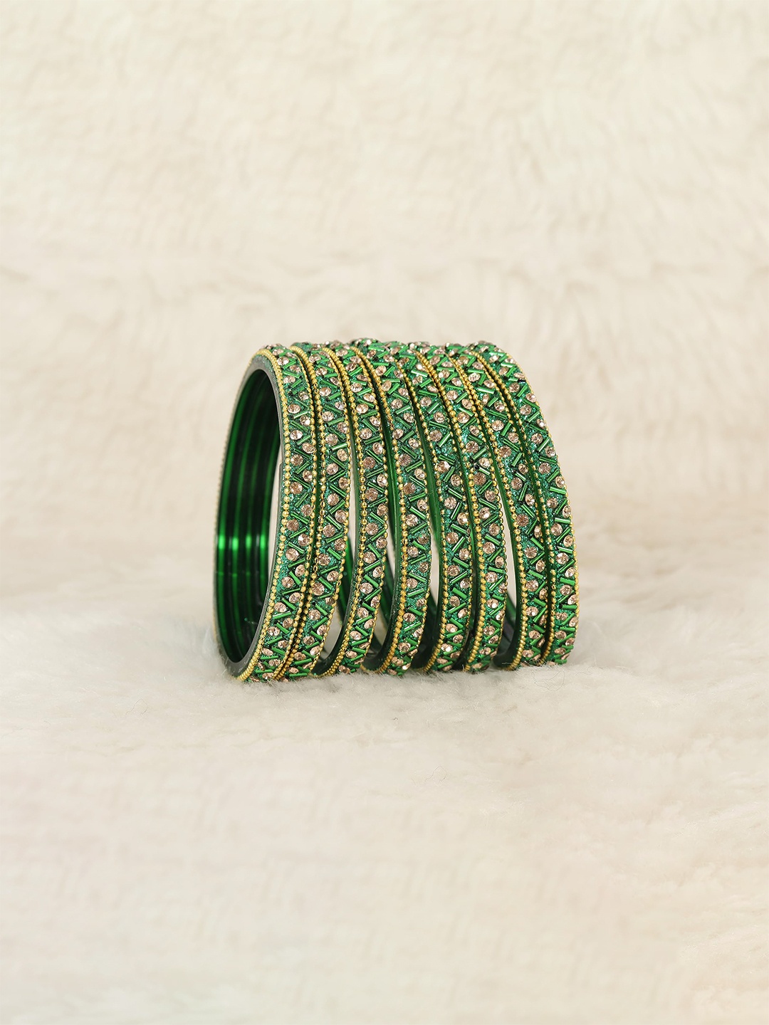 

ZULKA Set of 8 Glass Zircon Gemstone and Beads Studded Bangles, Green