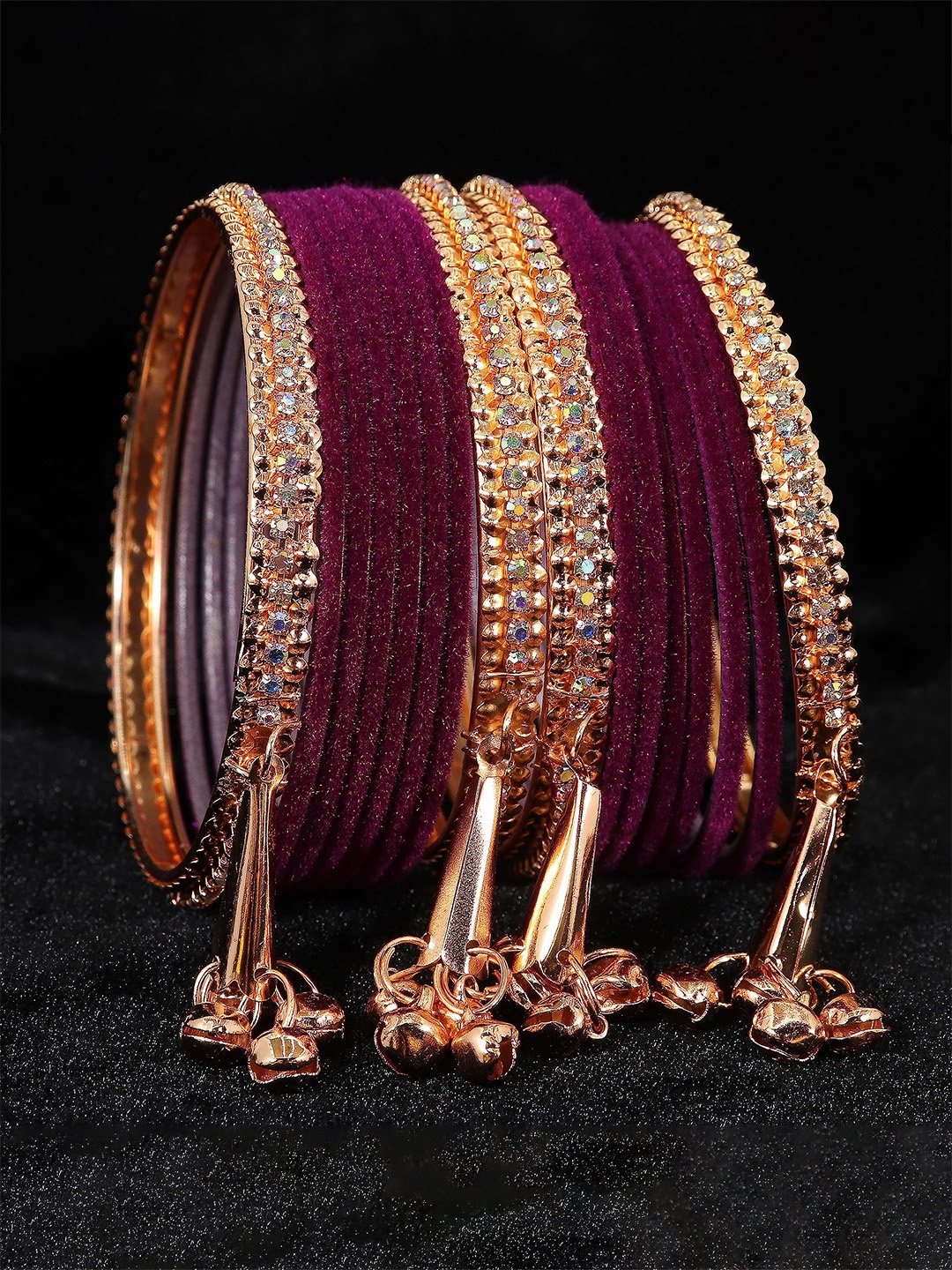 

ZULKA Set of 16 Metal Zircon Gemstone and Velvet Latkan Bangles, Magenta