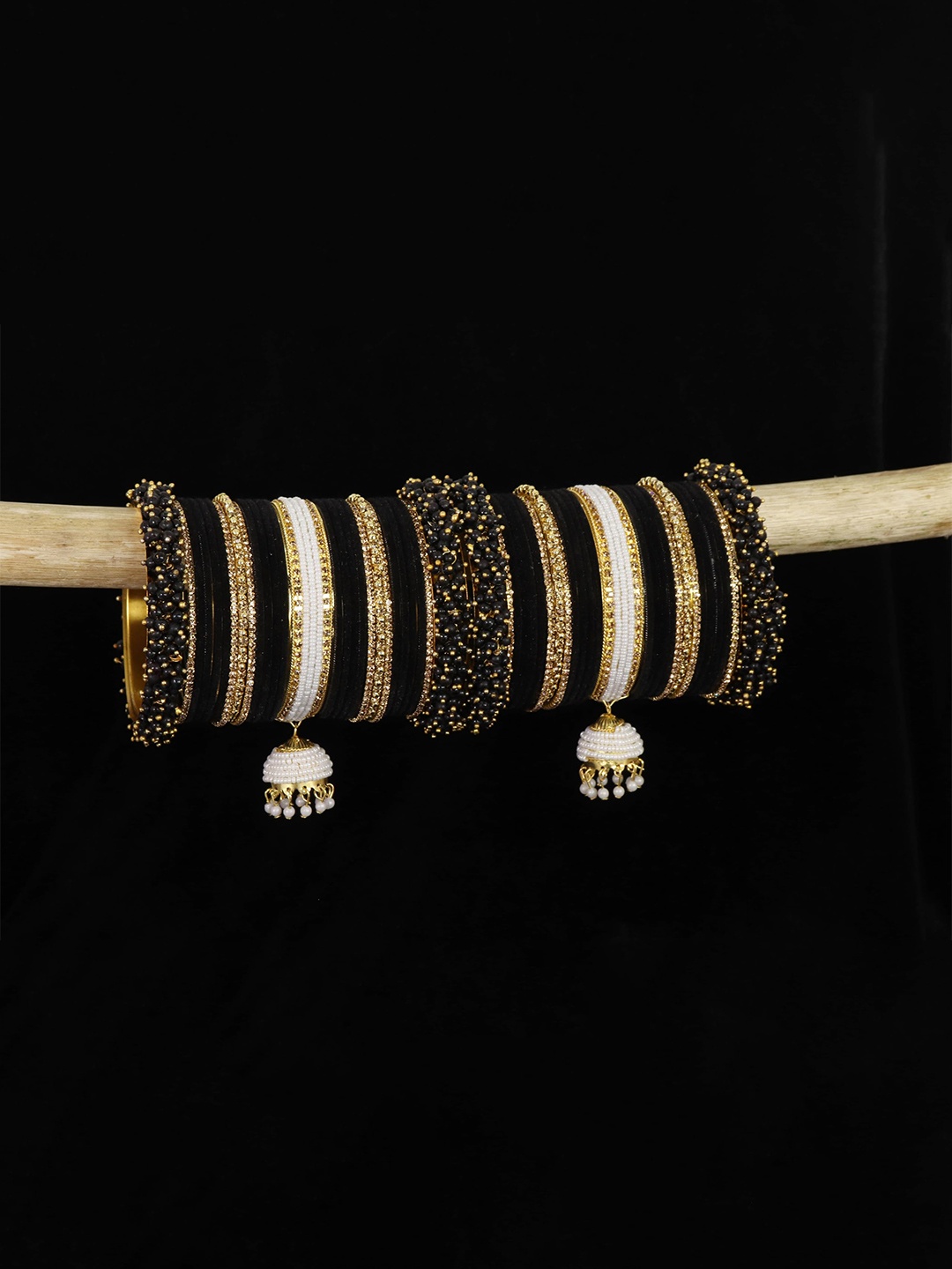 

ZULKASet of 54 Latest Metal with Pearls Zircon & Velvet Bangles, Black
