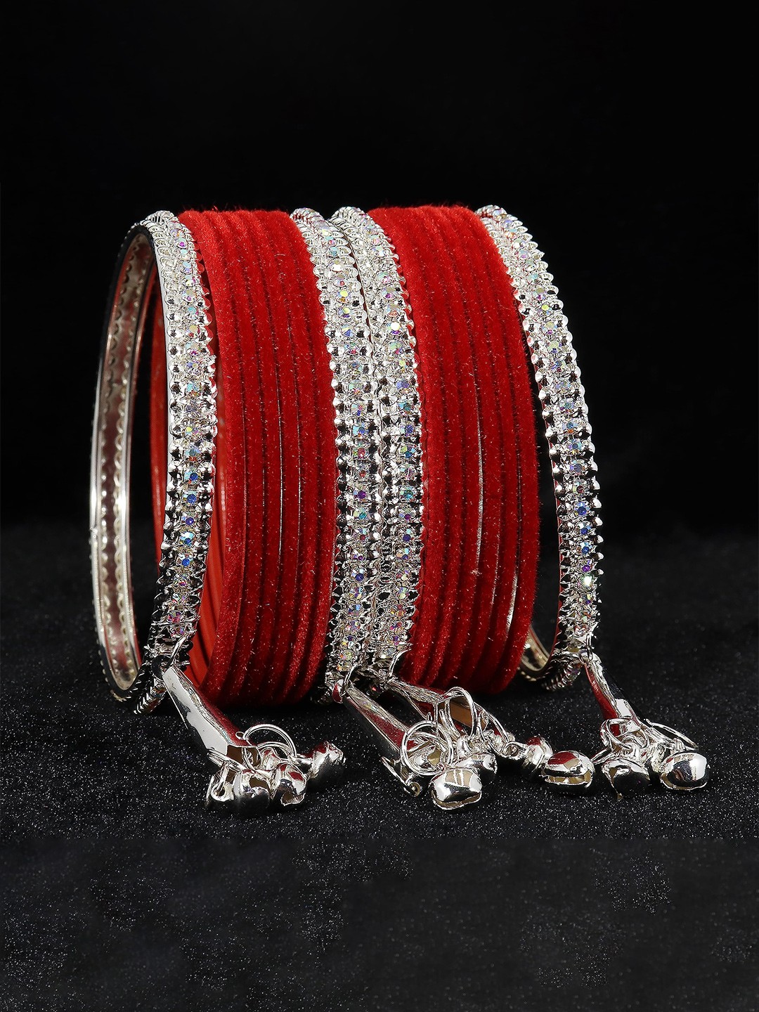 

ZULKA Set of 16 Women Zircon Gemstone Studded Velvet Metal Bangles, Maroon