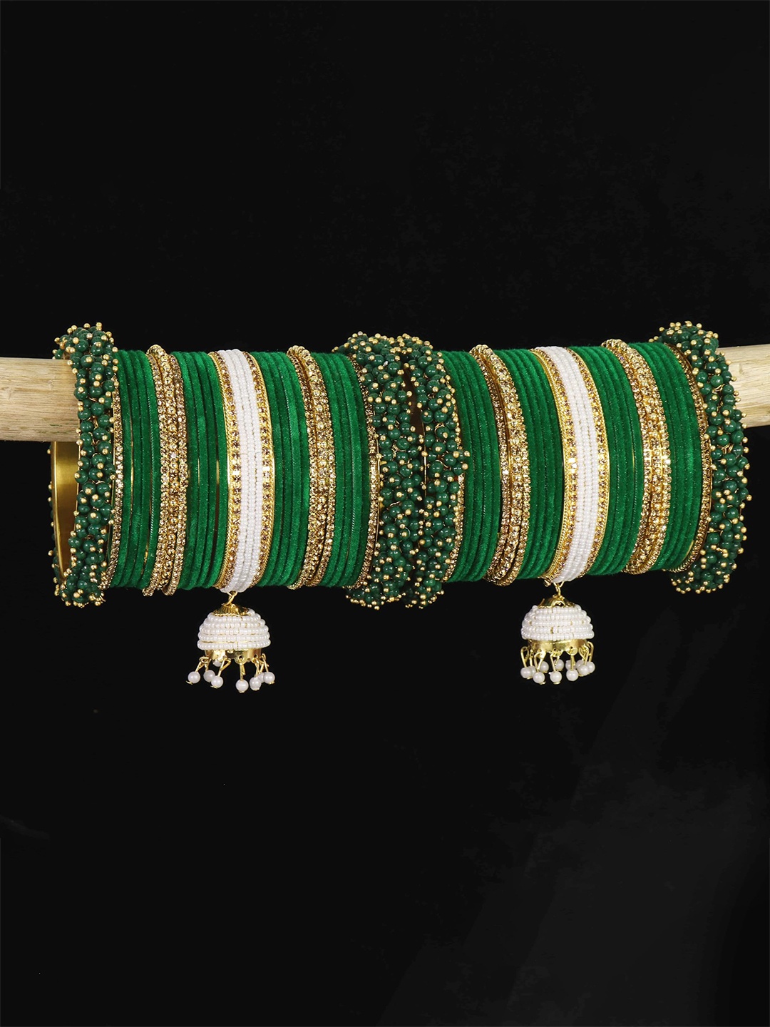 

ZULKA Set of 54 Metal with Pearls Zircon & Velvet Bangles, Green