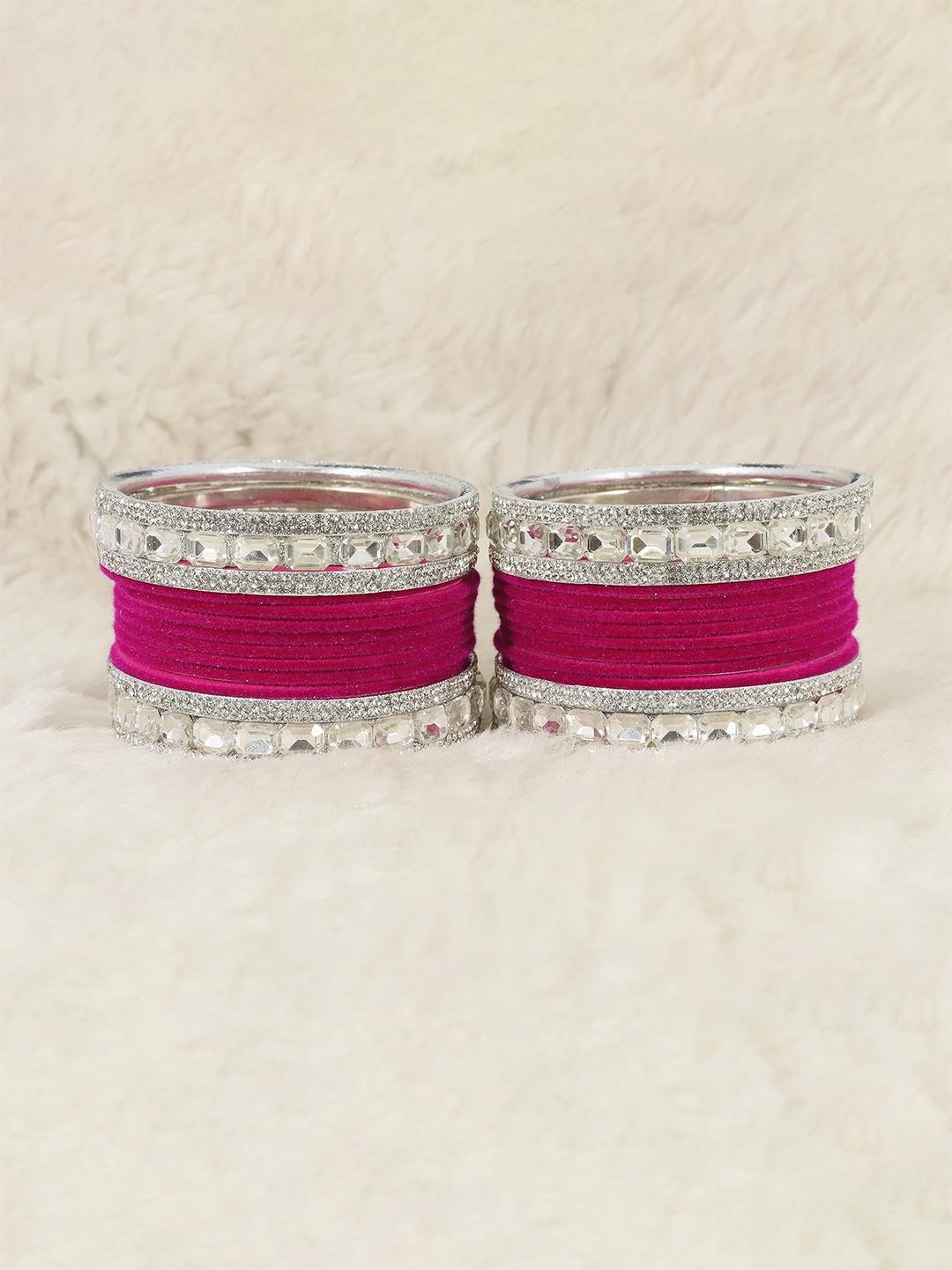 

ZULKA Set Of 28 Metal Bangles Studded with Zircon Gemstone and Velvet Bangles, Silver