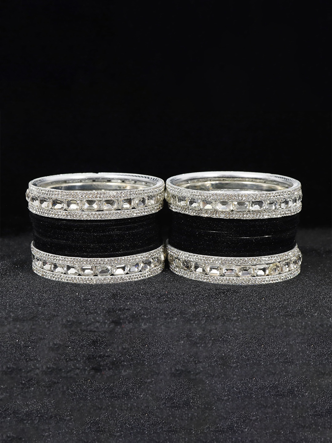 

ZULKA Set of 28 Black & White Stone Studded Silver-Plated Metal Velvet Bangles