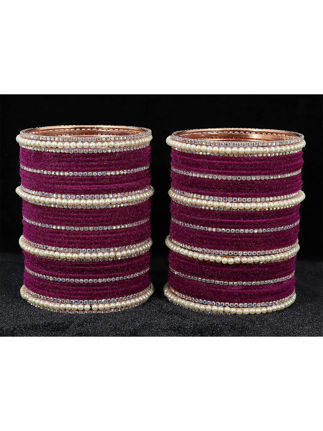 

ZULKA Set of 32 Alloy Metal with Zircon Gemstone Pearls and Velvet Latkan Bangles, Multi