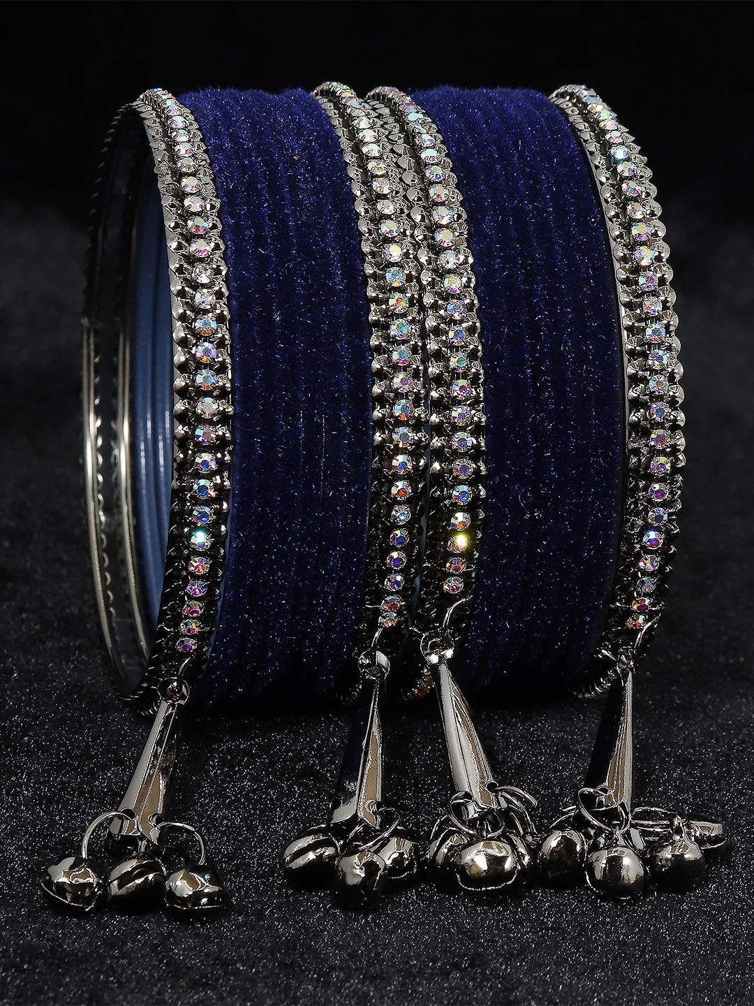 

ZULKA Set of 16 Metal with Zircon Gemstone and Velvet Adorned Bells Latkan Bangles, Navy blue