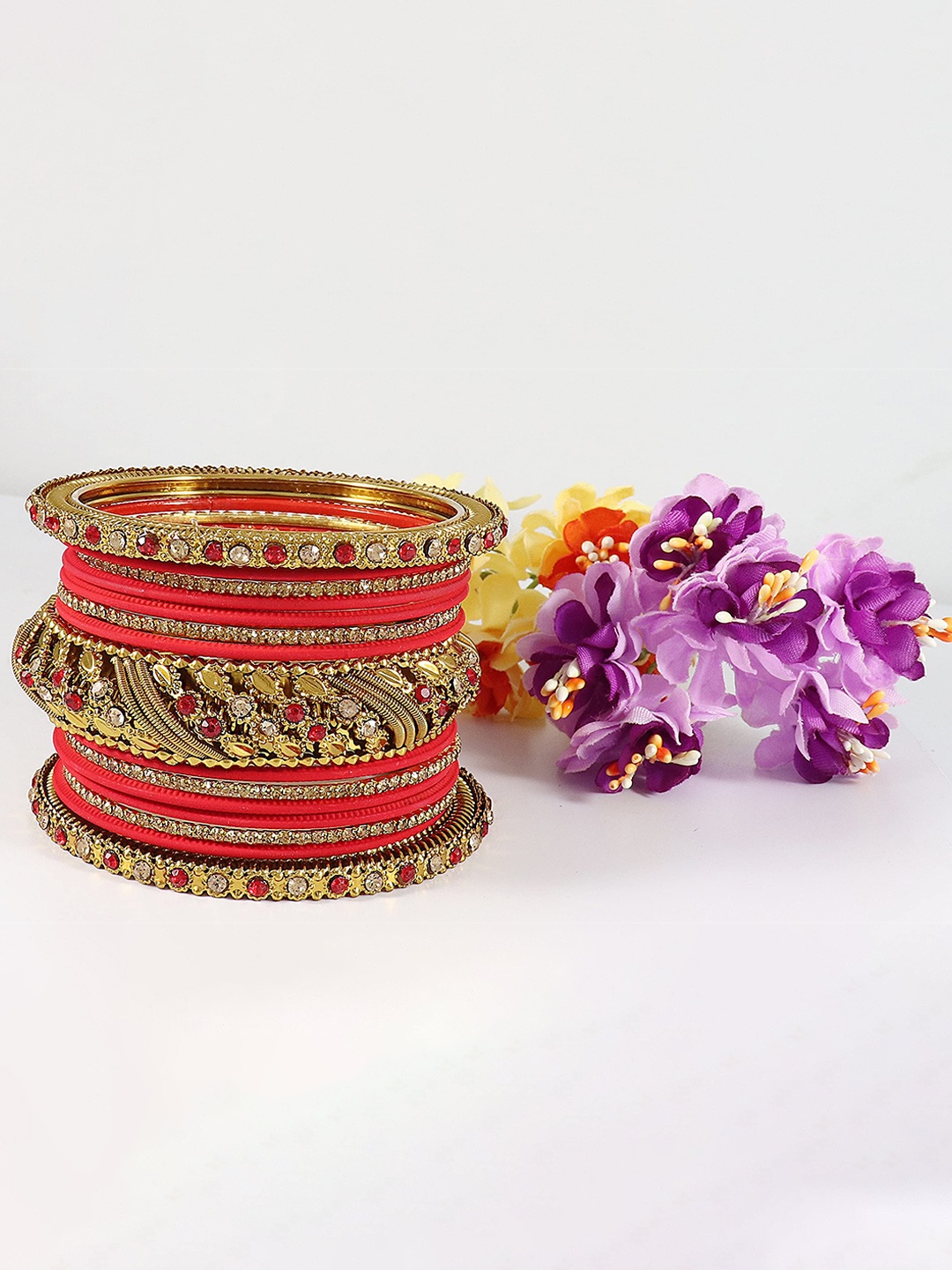 

ZULKA Set Of 30 Zircon Gemstone Studded Bangles, Red