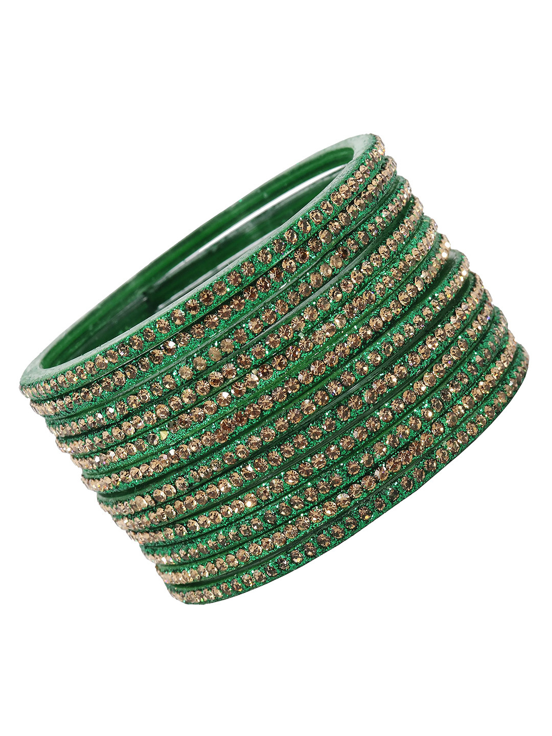 

ZULKA Set of 12 Glass With Zircon Gemstone Studded Glossy Finished Bangle, Green