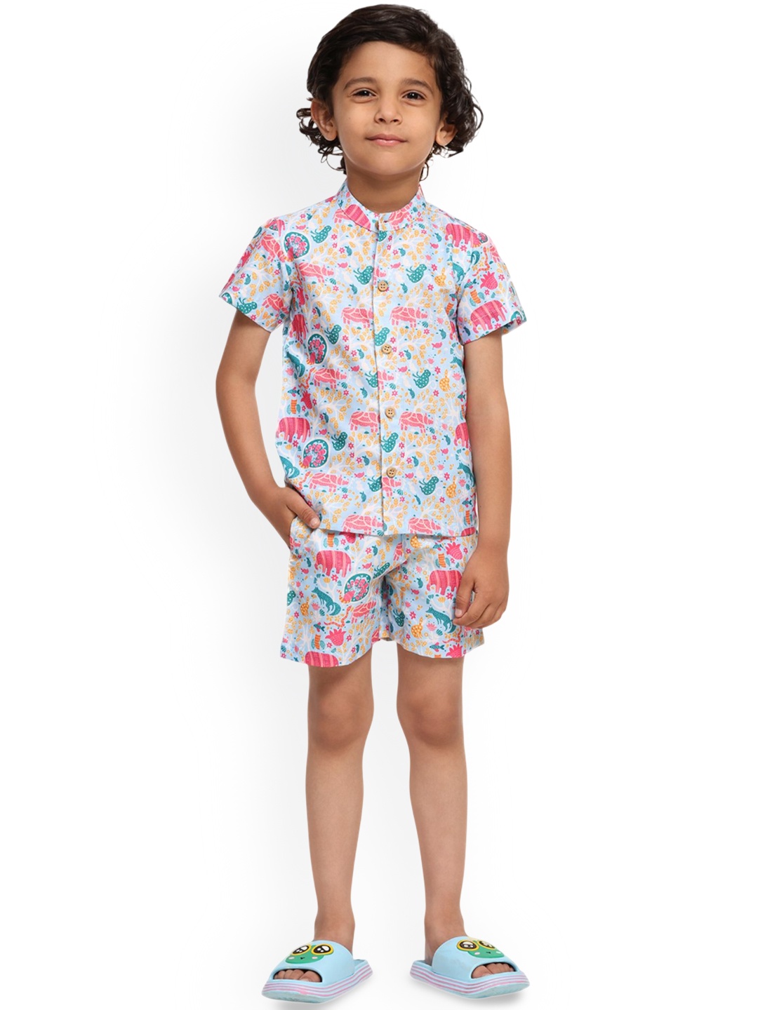 

Funny Bones Clothings Boys Animals Printed Shirt With Shorts, Blue