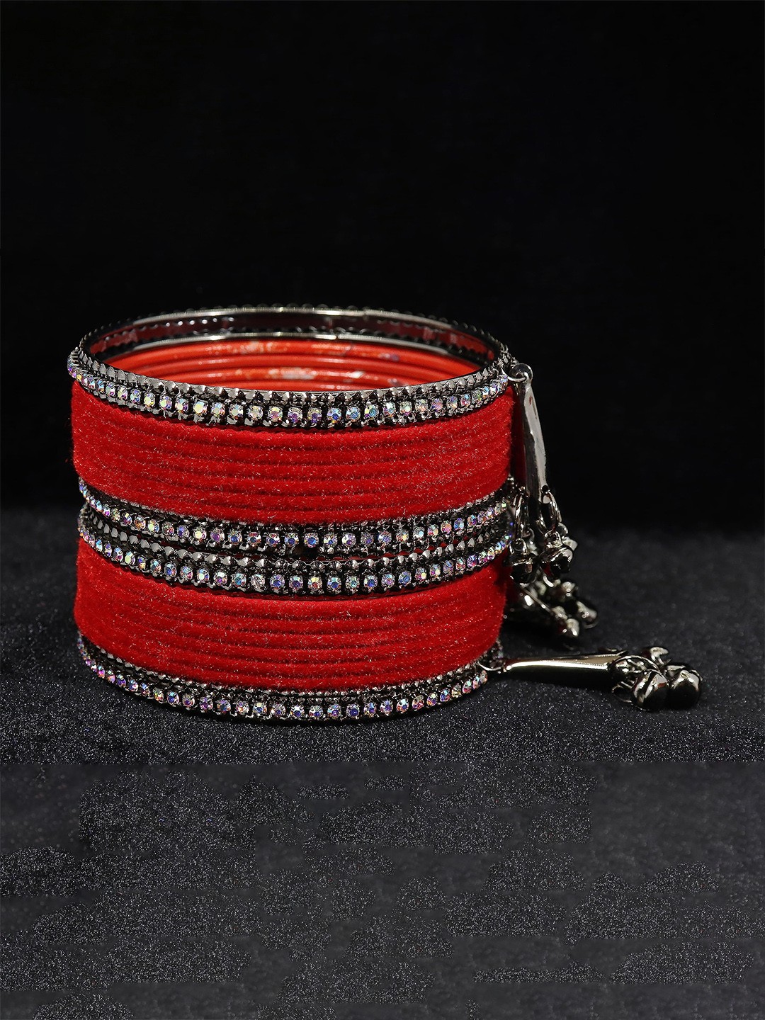 

ZULKA Set of 16 Metal Zircon Stone and Velvet Latkan Bangles, Maroon