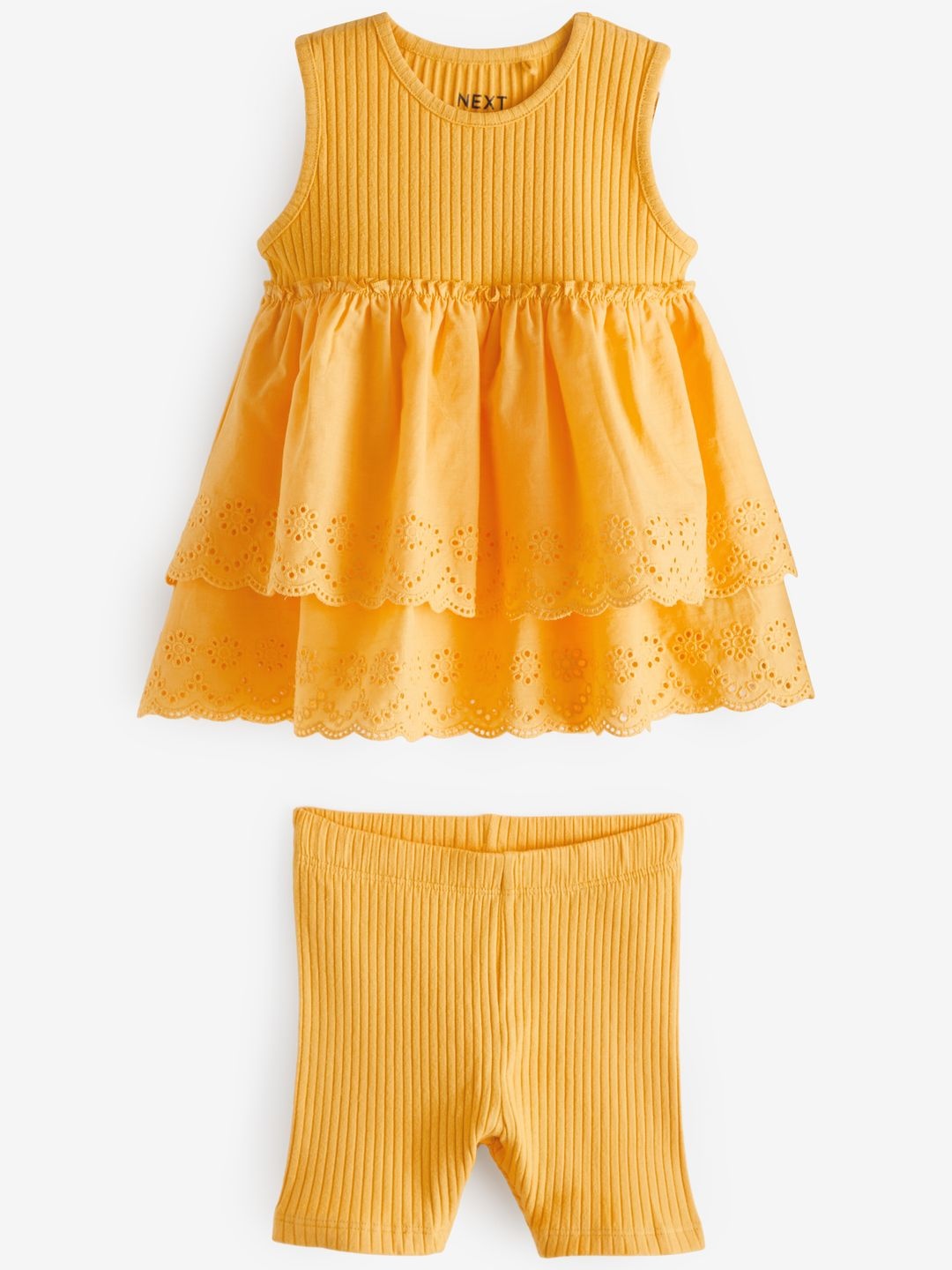 

NEXT Infant Girls Schiffli Ribbed Tunic With Shorts, Mustard