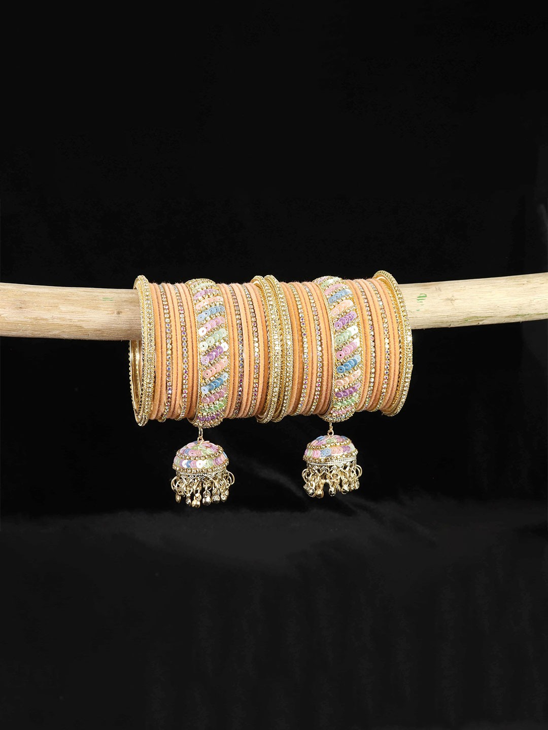 

ZULKA Set of 32 Glass with Velvet & Golden Zircon Diamond Stone Bangles, Peach