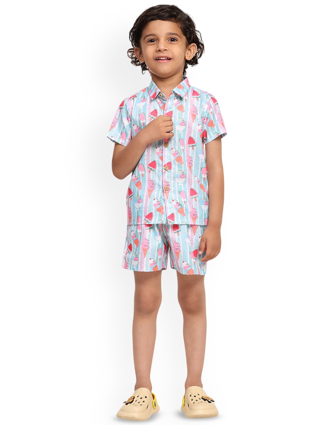 

Funny Bones Clothings Boys Ice Cream Printed Shirt With Shorts, Blue