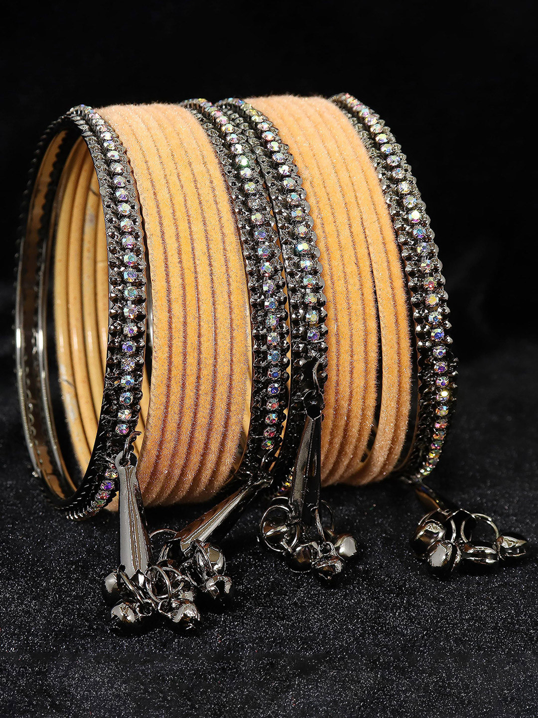 

ZULKA Set of 16 Metal with Zircon stone and Velvet Latkan Bangles, Green
