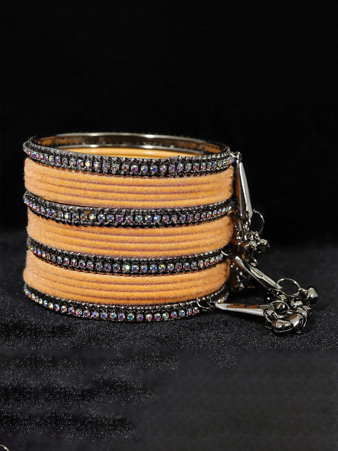

ZULKA Set Of 16 Gold Plated CZ Stone Studded & Latkan Bangles, Peach