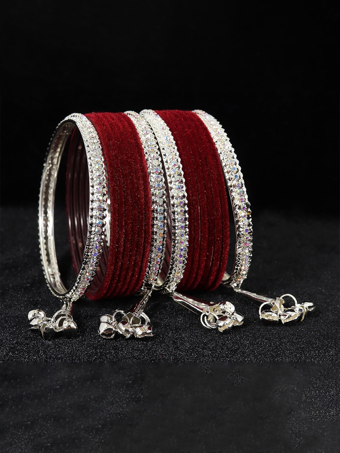 

ZULKA Set of 16 Zircon Gemstone and Velvet Studded Latkan Metal Bangles, Maroon