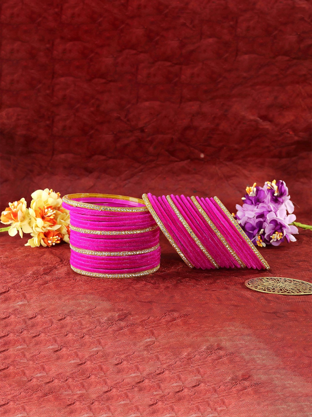 

ZULKA Set of 32 Glass with Velvet & Golden Zircon Diamond Stone Bangles, Pink