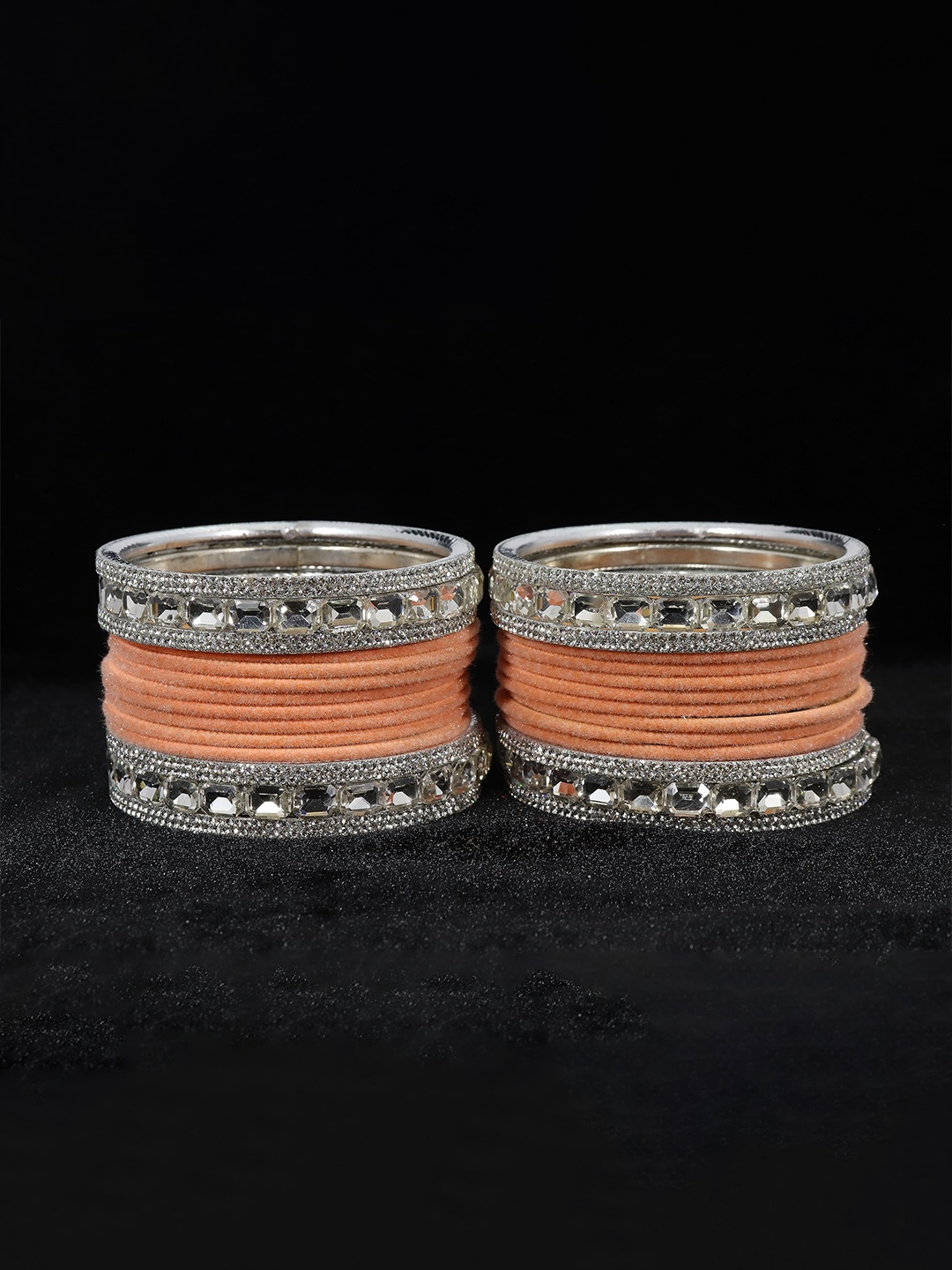 

ZULKA Set Of 28 Metal with Zircon Gemstone Studded Velvet Bangles, Silver