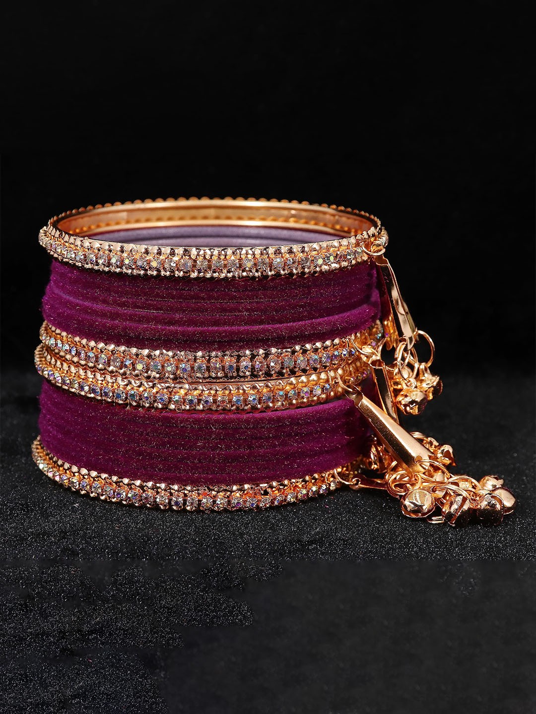 

ZULKA Set of 16 Metal with Zircon Gemstone and Velvet Studded Latkan Bangles, Purple