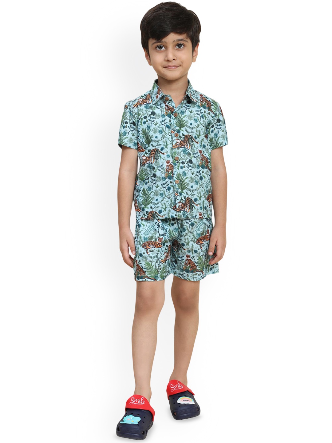 

Funny Bones Clothings Boys Printed Linen Shirt With Shorts, Blue
