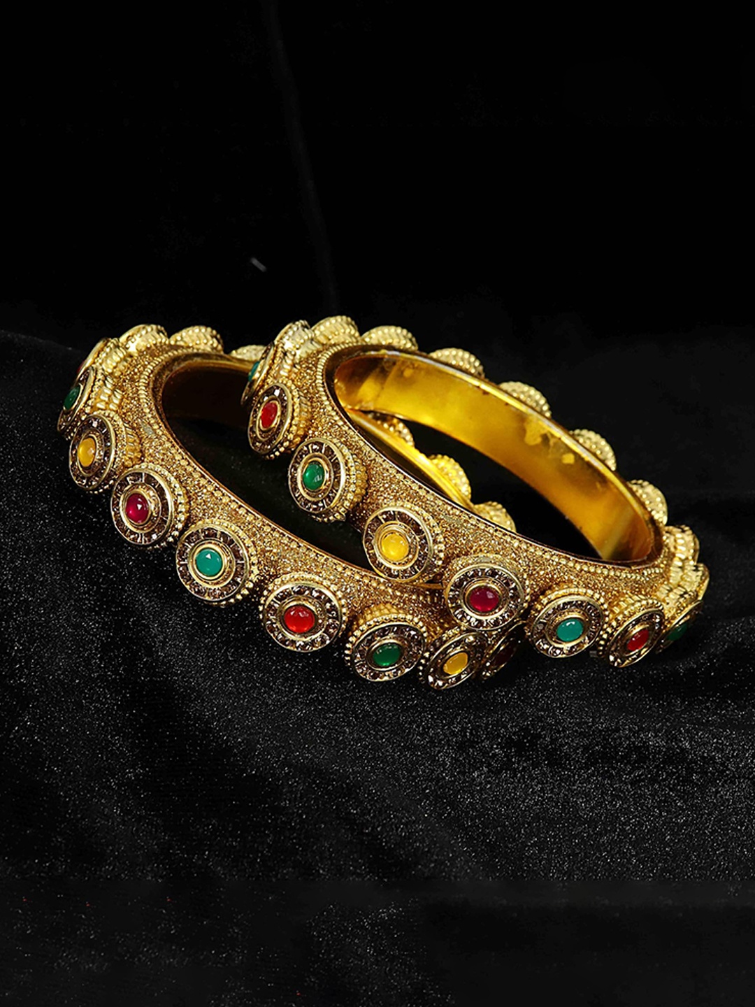 

ZULKA Set OF 2 Gold Plated Metal Zircon Stones & Beads Rajwadi Kada Bangles