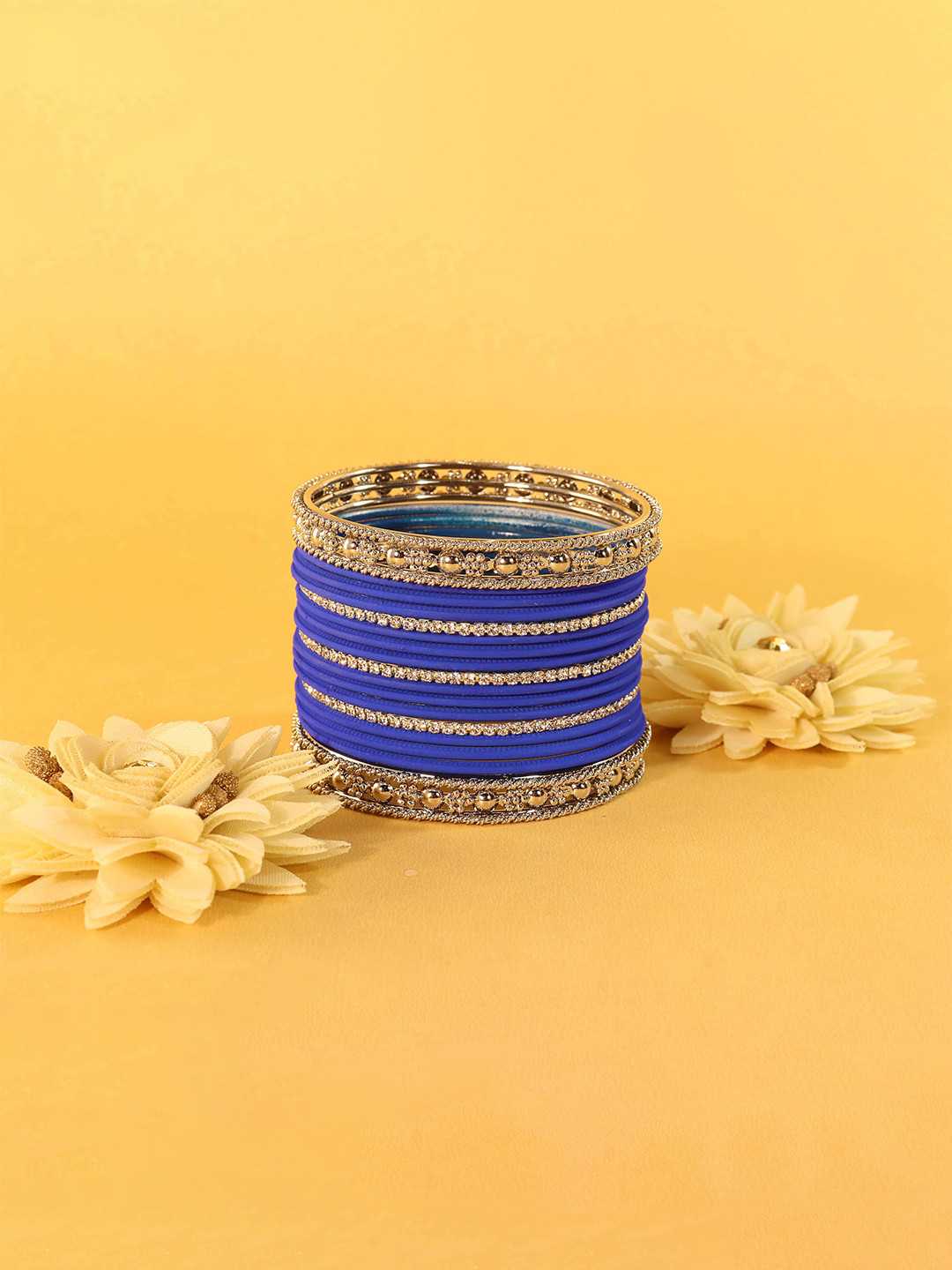 

ZULKA Set of 42 Silver Oxidised Metal With Artificial Diamond Studded Bangles, Blue
