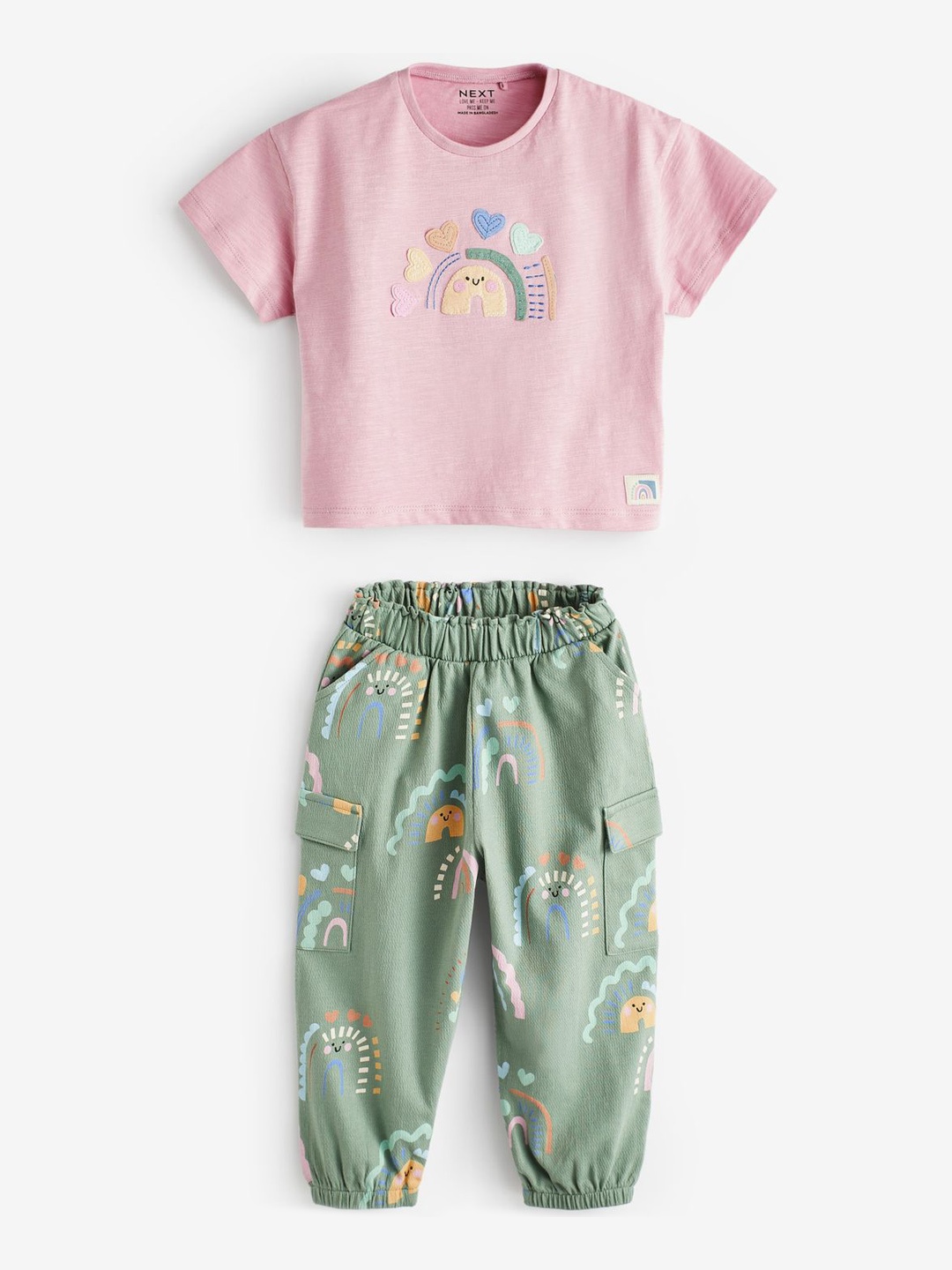 

NEXT Girls Pure Cotton Rainbow T-shirt Cargo Trousers Set, Pink