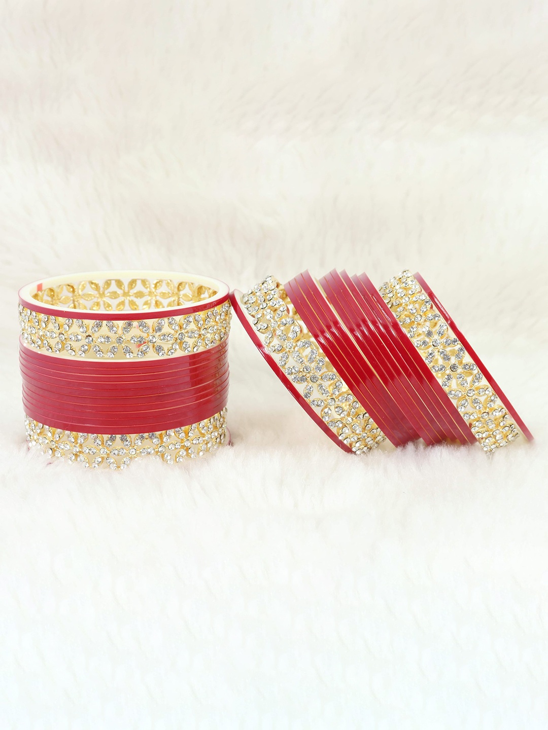 

ZULKA Set of 44 Gold Metal Velvet Bangles Chuda with American Diamond & BallChain, Black